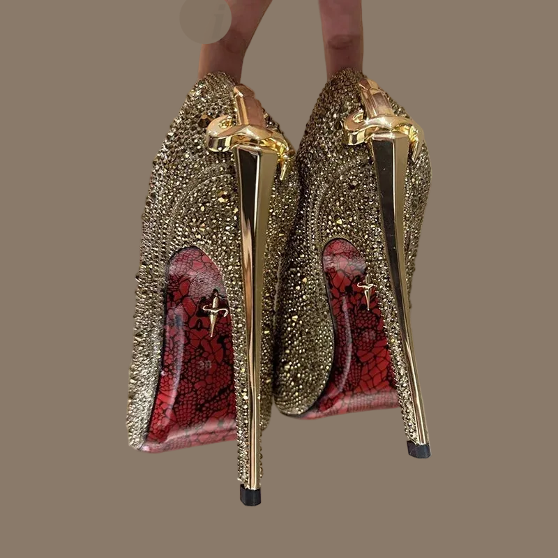 Leather Pumps With Metal High Heels Metal-Embellished Shaft Sculpted Pointed Toe — Gold | KIMLUD