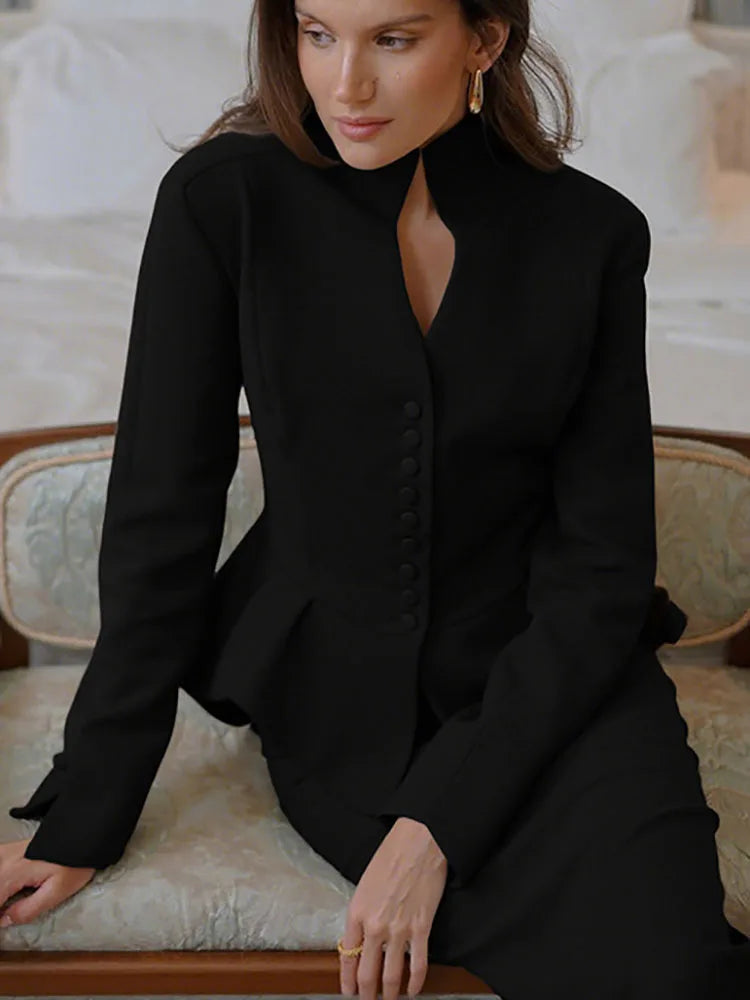 Commute Ladies Elegant Bodycon Outfit Spring Stand Collar Button Blazer Jacket+Slim Skirts Set Autumn Long Sleeve Slim 2pcs Suit