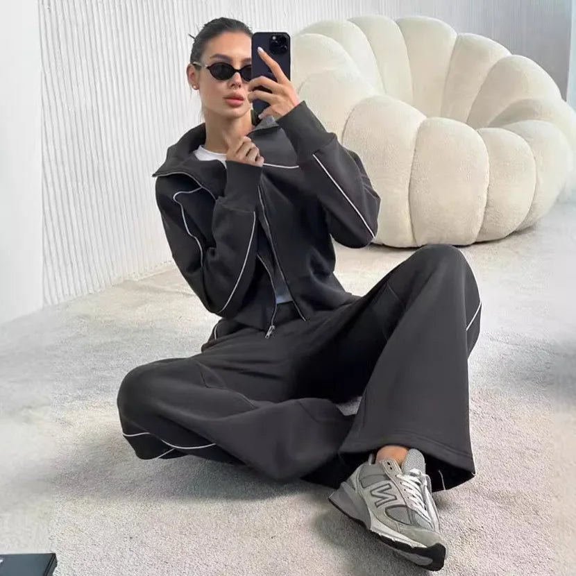 Soft Knit Two Piece Set Striped Zip Hoodie With Piping On Sleeves And Wide-Leg Elastic Pants — Charcoal Gray | KIMLUD
