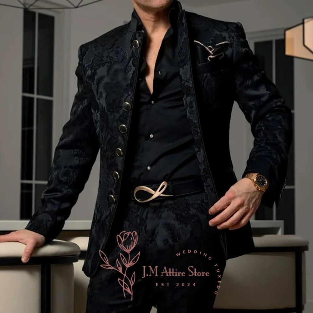 Formal Men's Suits 2 Pieces Blazer Pants Black Jacquard Set for Wedding Dinner Dating Ceremony Banquet Luxury Custom Tuxedo  
