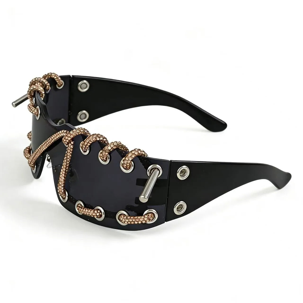 Frameless Crystal Chain Y2K Punk Sunglasses — Black | KIMLUD