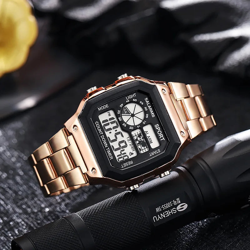 Stainless Steel Digital Watch Military LED Display — Silver | KIMLUD