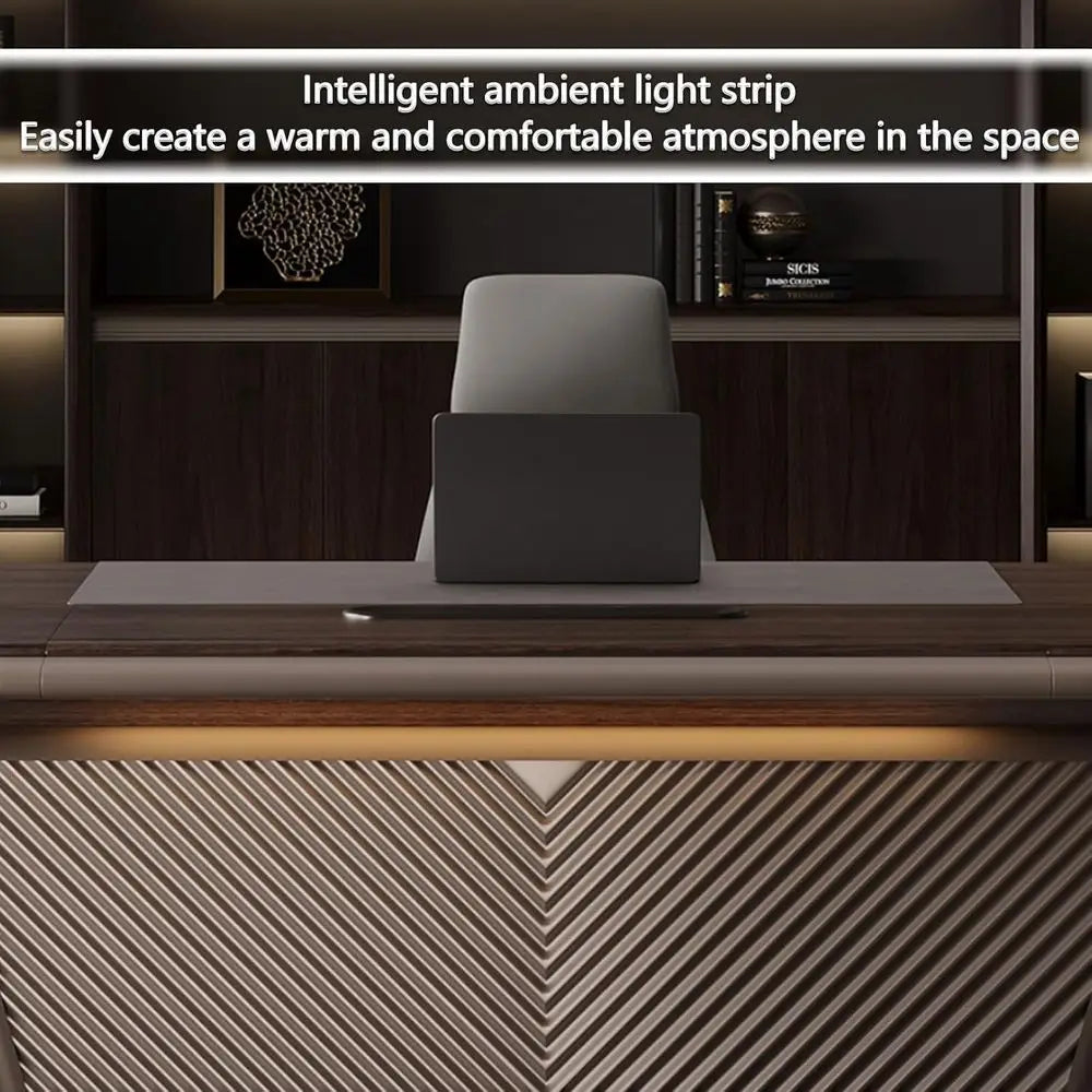 Solid Wood Desk With Drawers And Ambient LED Light — Espresso | KIMLUD