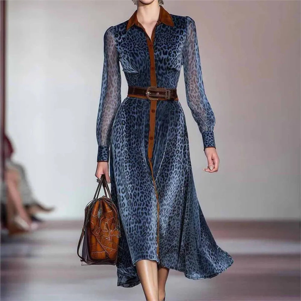 Sleek Polyester Leopard Print Dress — Blue | KIMLUD