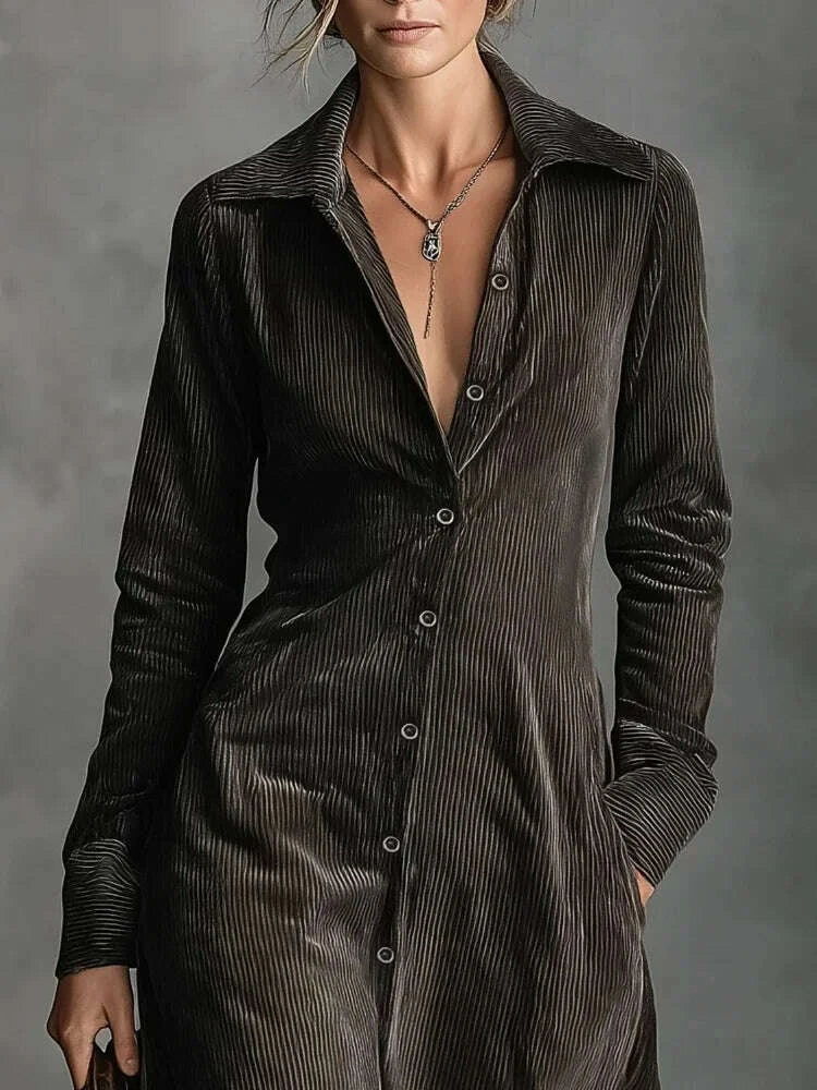 KIMLUD, Womens Corduroy Dress Retro High Street Style Turndown Collar Single Breasted Long Sleeve Slim Fit with Pockets Autumn, KIMLUD Womens Clothes