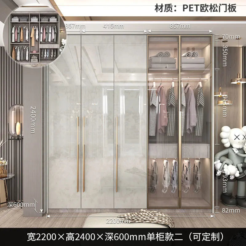 Glass Door Modern Wardrobe With Ample Storage And Brass Hardware — Pale Gray | KIMLUD
