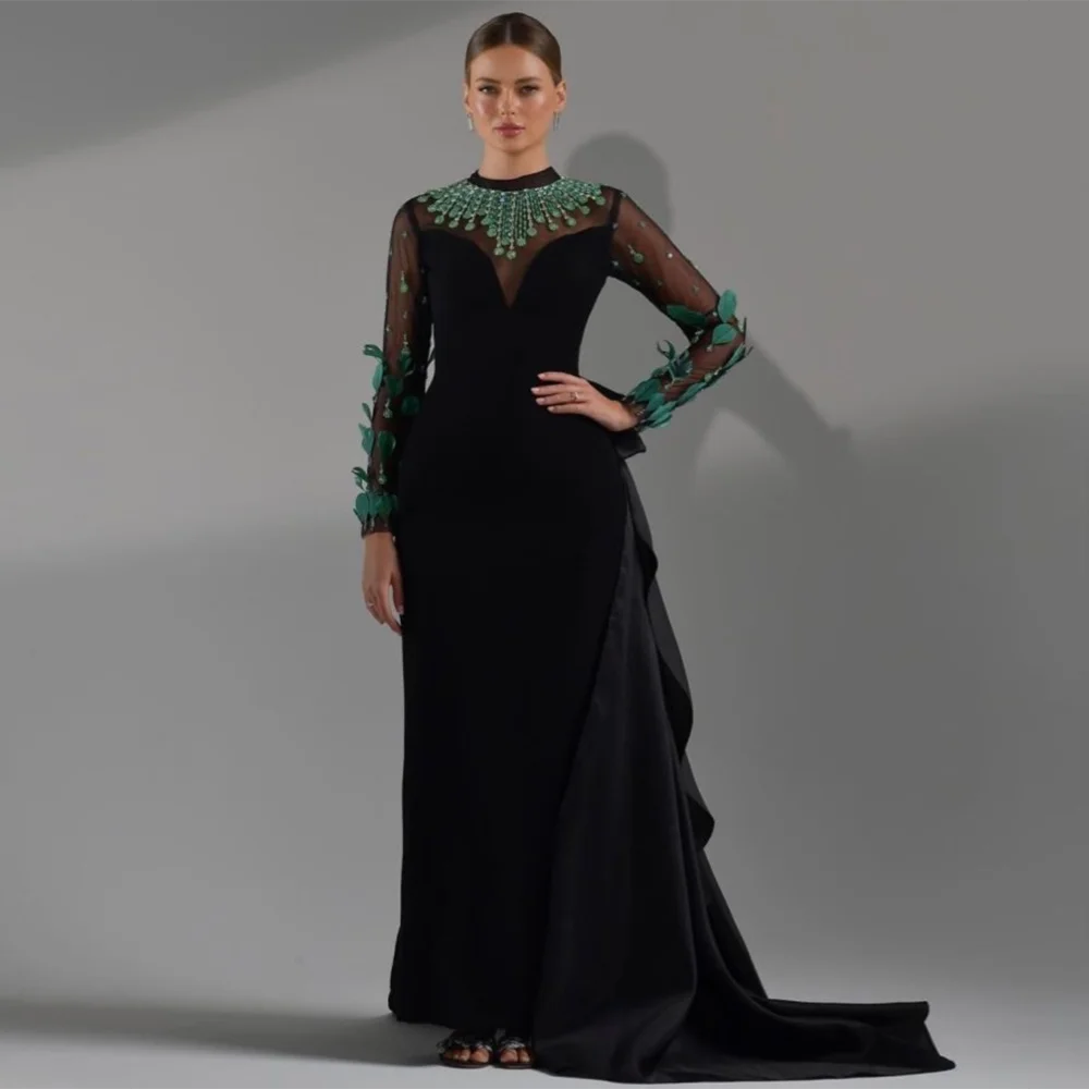 KIMLUD, Sharon Said Elegant Black Mermaid Evening Dress Dubai Luxury Emerald Green Beads Feathers Women Wedding Dresses Party Gowns, KIMLUD Womens Clothes