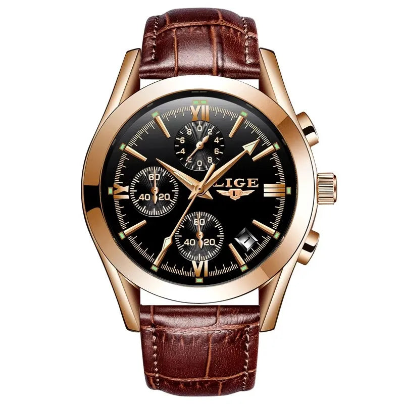 LIGE Men Watch Top Brand Luxury Waterproof Luminous Sport Wristwatch Quartz Military Genuine Leather Relogios Masculino+Box