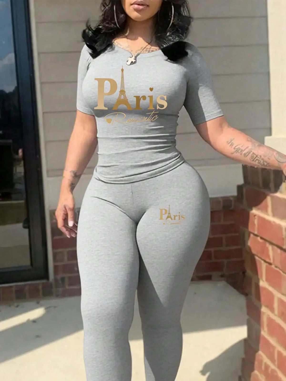 Two-Piece Set - Paris Print - Slim Silhouette - Synthetic Fiber | KIMLUD