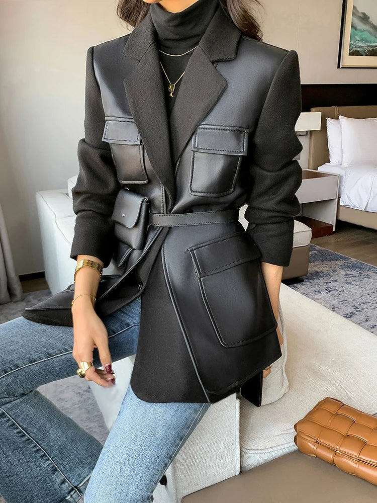 Patchwork Leather Jacket – Pockets – Faux Leather PU – Black | KIMLUD