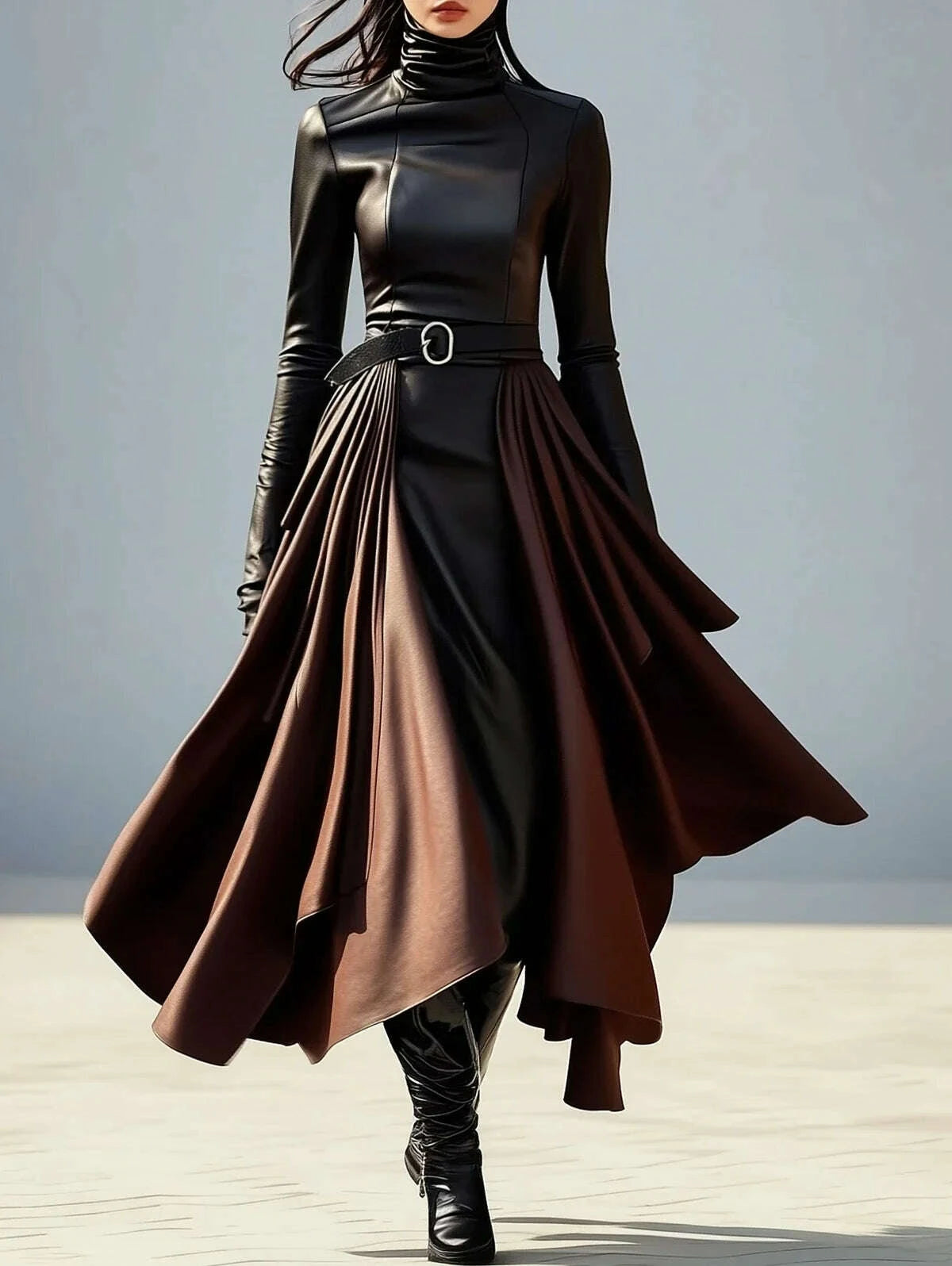 KIMLUD, New Style One Piece Dress High Neck Irregular Hem Belt Faux PU Leather Midi Dress Women Slim Fit High-End Fashion Party Wear, KIMLUD Womens Clothes