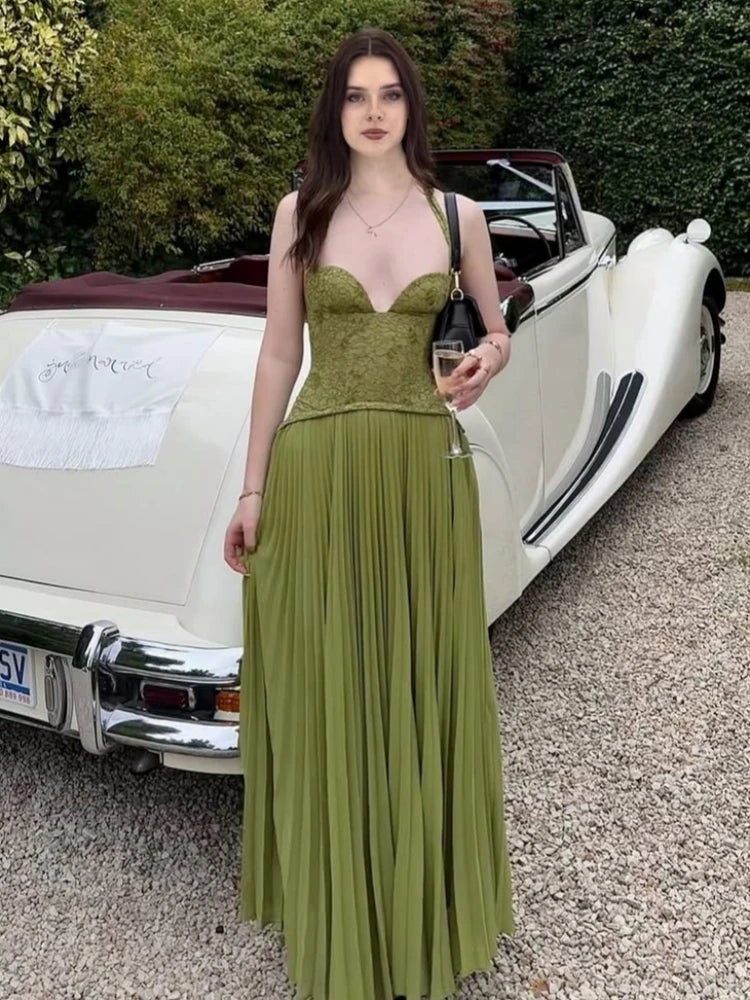 Maxi Dress – Halter Neck Lace Corset Backless – A-Line – Green | KIMLUD