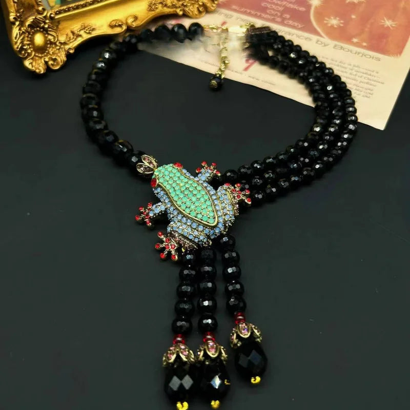 European And American Style Retro Elegant Tassel Inlaid Zircon Frog Shaped Necklace Earring Set Fashionable Women'S Jewelry