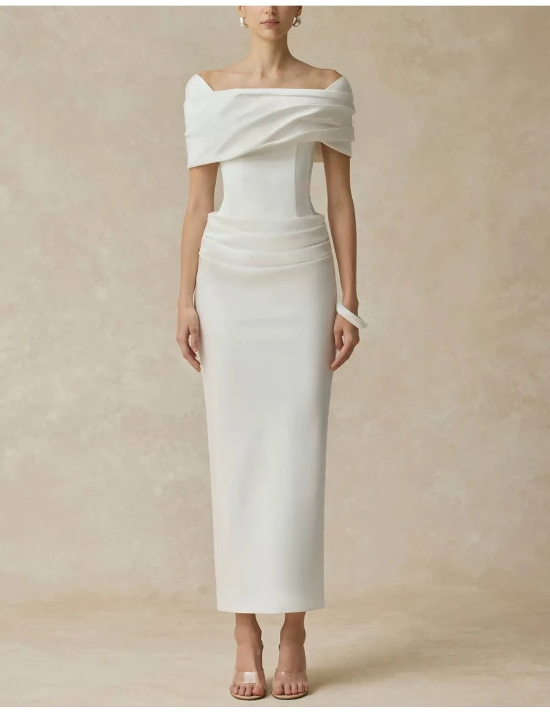 Bodycon Dress High-Waist Off-Shoulder Short Sleeves — White | KIMLUD