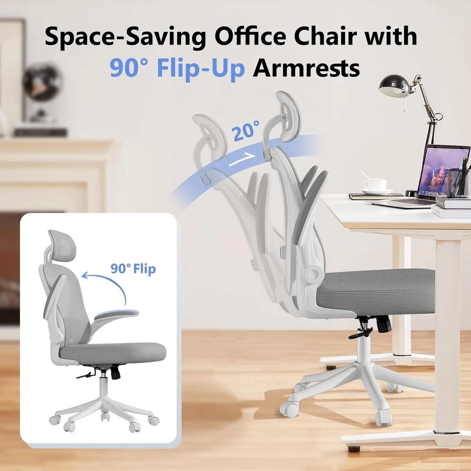 Mesh High Back Ergonomic Office Chair M903 With Wheels, Adjustable Lumbar Support — Ivory | KIMLUD