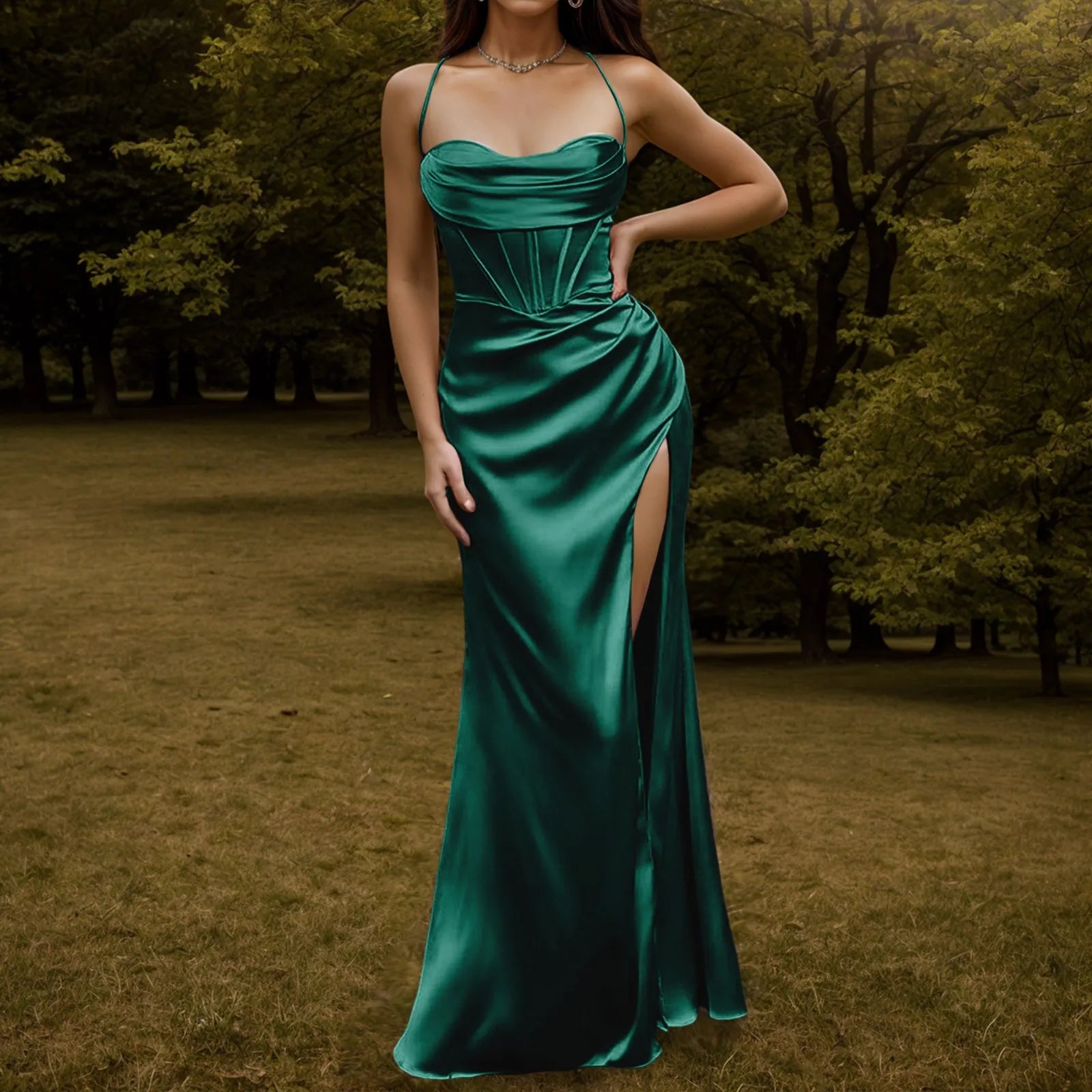 Dresses – Lace Up Backless High Slit Corset Maxi – Polyester – Green | KIMLUD