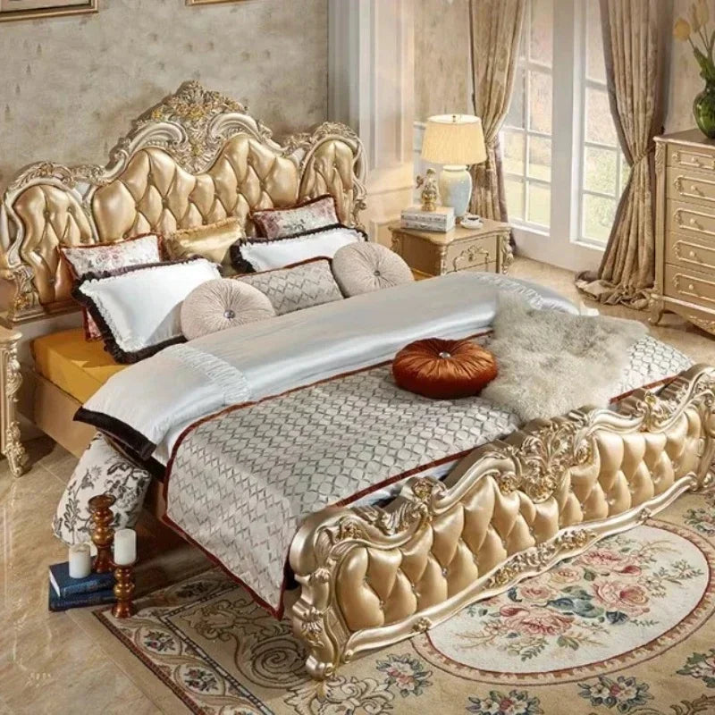 Luxury Gold Double Bed King Size Solid Wood Bedroom Set for Adults, Modern Princess Design Comfort Mattress