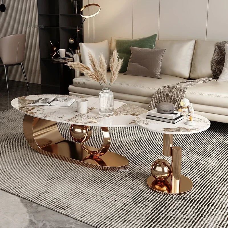 Wrought Iron Oval Coffee Table Marble-Top Italian Rock Plate European Design — Ivory | KIMLUD