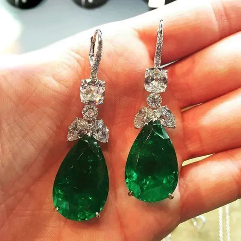 Cubic Zirconia Drop Earrings Water-Drop Inlaid — Emerald | KIMLUD