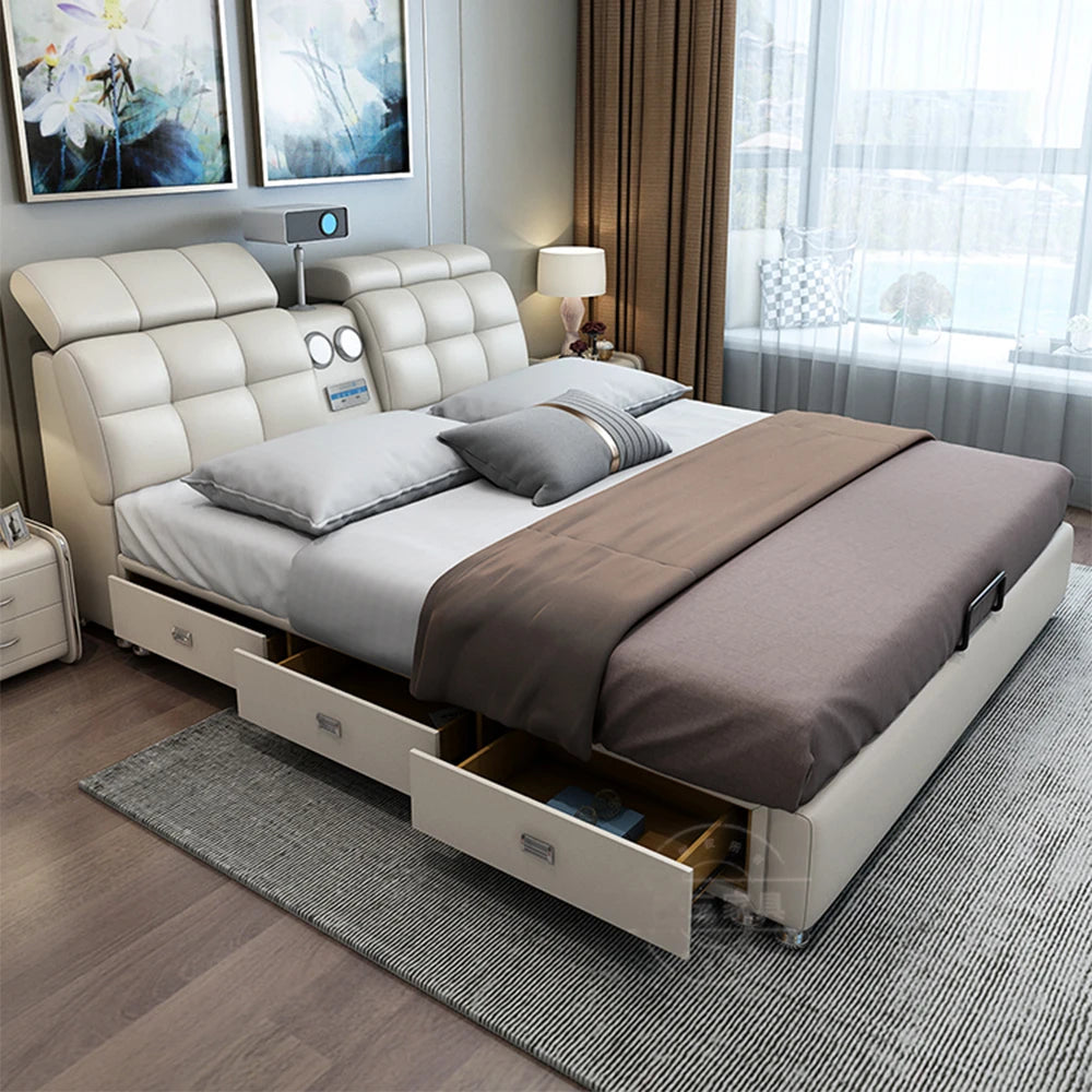 Genuine Leather Bed Frame Smart Multifunctional Tech — Ivory | KIMLUD