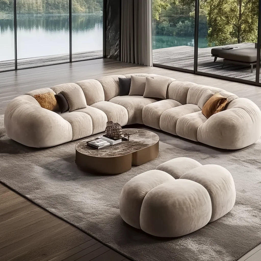 Velvet Modular Sectional Sofa With Chaise Convertible With Plush Cushions — Cream Beige | KIMLUD