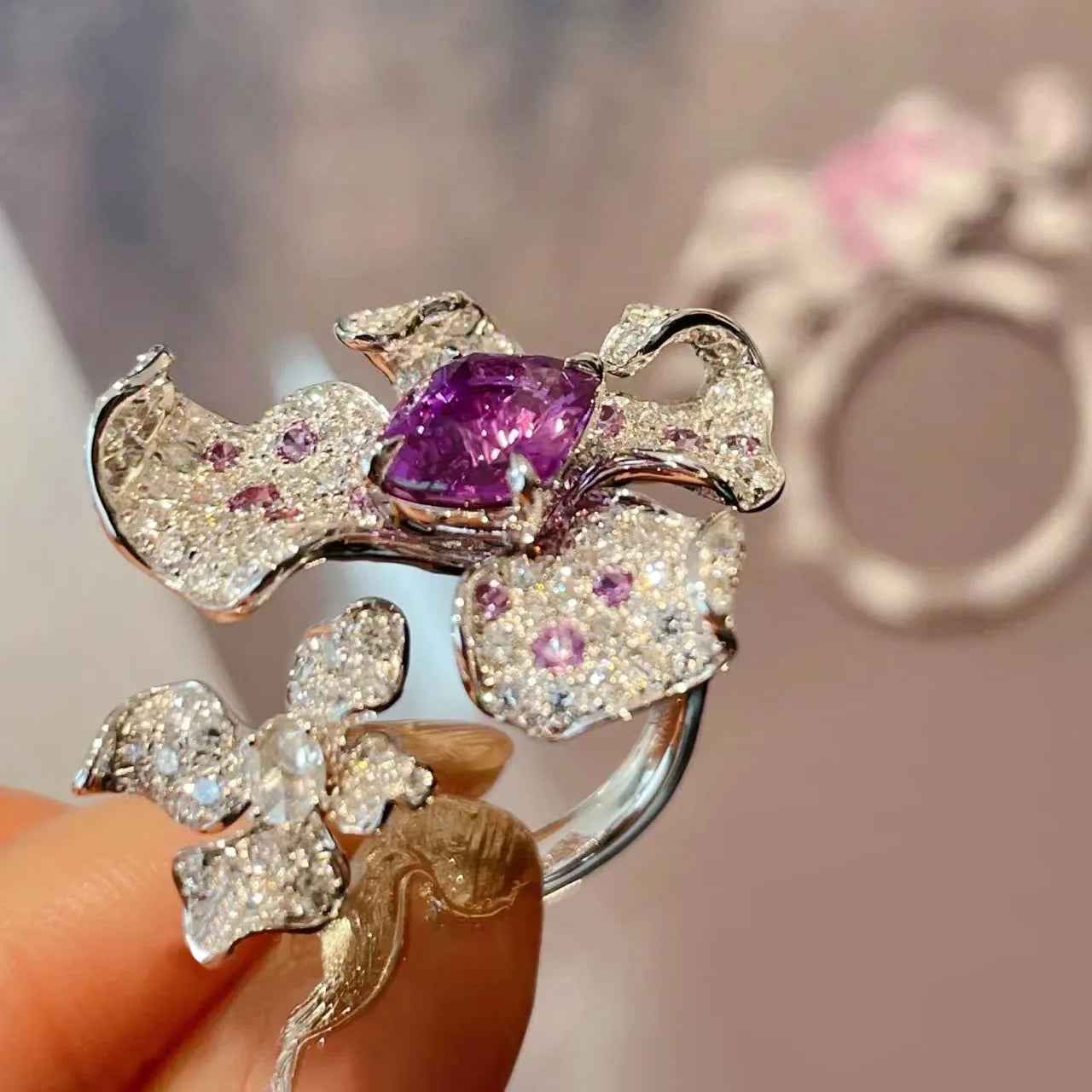 Sterling Silver Ring Amethyst Zircon Flower Open — White | KIMLUD
