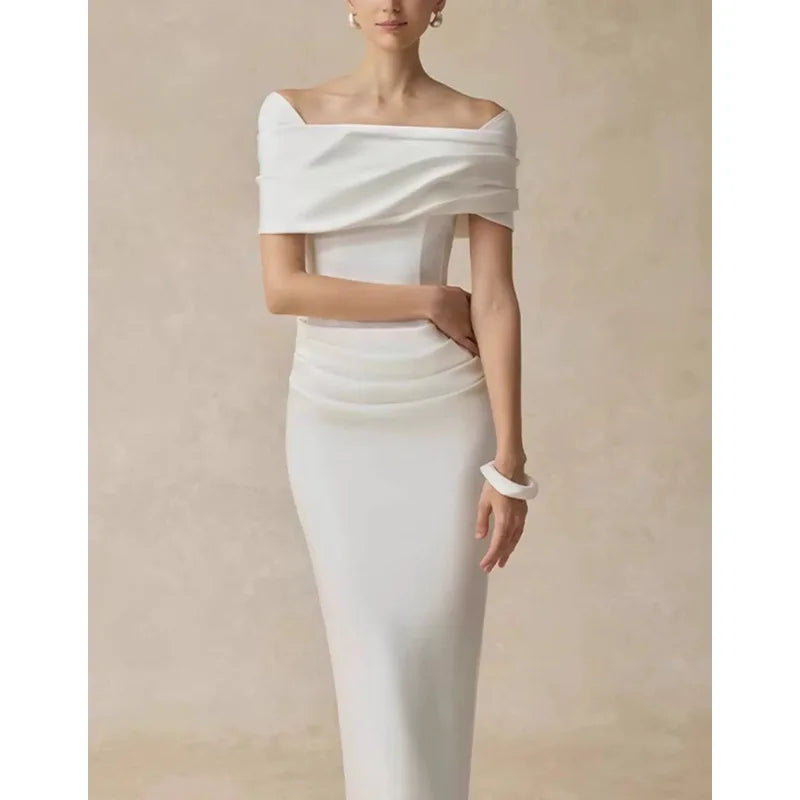 Bodycon Dress High-Waist Off-Shoulder Short Sleeves — White | KIMLUD