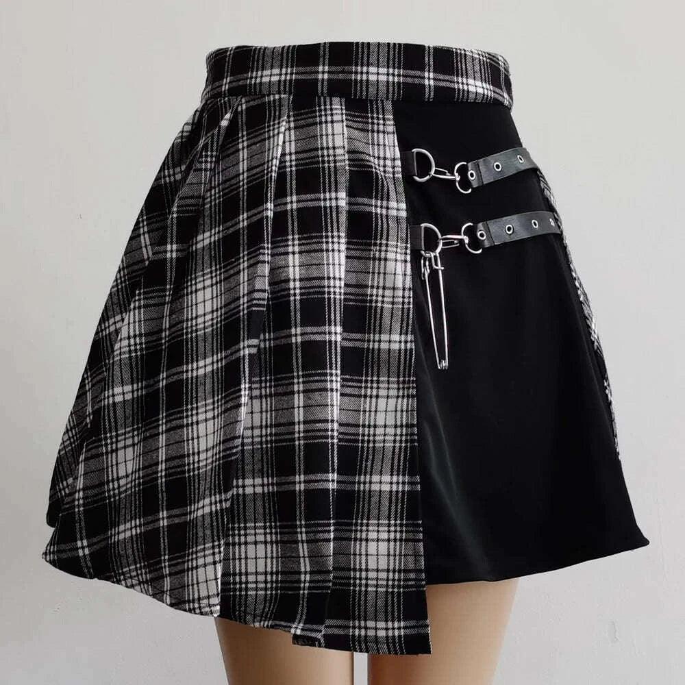 KIMLUD, Womens Harajuku Punk Irregular Mini Pleated Skater Skirt Asymmetric Cutout High Waist Hip Hop Clubwear gothic harajuku skirt, KIMLUD Womens Clothes