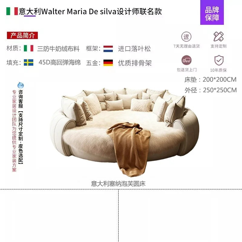Ivory-Cream Upholstered Round Bed Built-In Backrest — Ivory-Cream | KIMLUD
