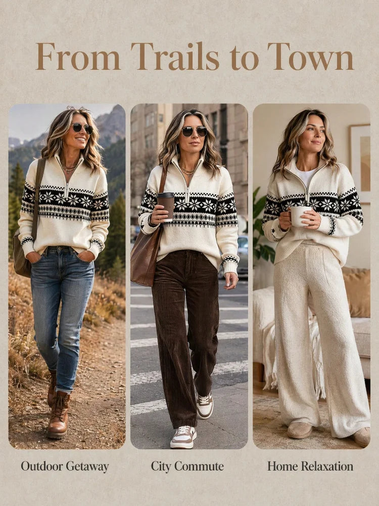 Sweater – Half Zip Mock Neck – Jacquard Knit – Cream White | KIMLUD