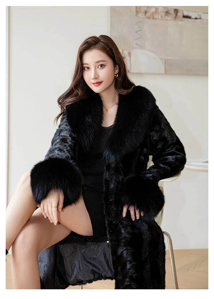 Women's Long Thickened Oversized Fox Fur Collar Warm Genuine Mink fur Coat Fashion New high quality Real Fur Coat