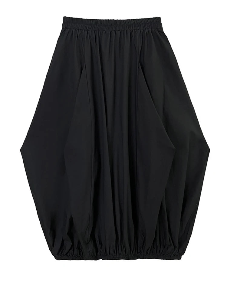 Skirt – High Elastic Waist – Irregular Pleated Long – Black | KIMLUD