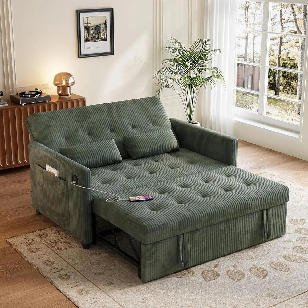 Green Corduroy 3-in-1 Sleeper Sofa with Pull-Out Bed, Storage and USB Ports for Small Living Spaces