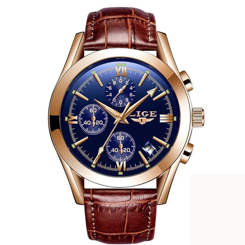 LIGE Fashion Men Watches Top Brand Luxury Military Quartz Watch for Men Business Leather Waterproof Casual Sport Chronograph New