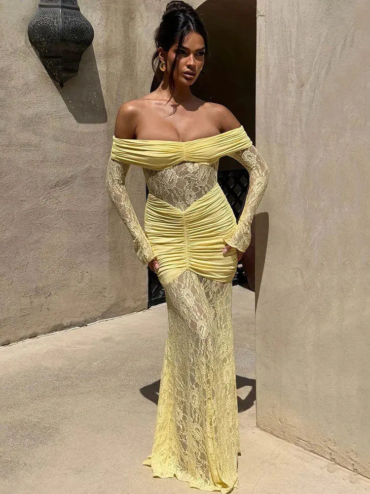 GACVGA Elegant Mesh Lace Patchwork Bodycon Maxi Dress for Women Summer Sexy Off-Shoulder Sheer Party Club Evening Long Dress