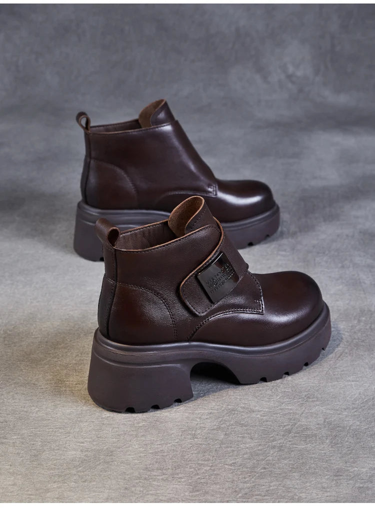 DRKANOL Wide Head Design Women Platform Boots Autumn Winter Warm Thick High Heel Hool And Loop Metal Genuine Leather Ankle Boots