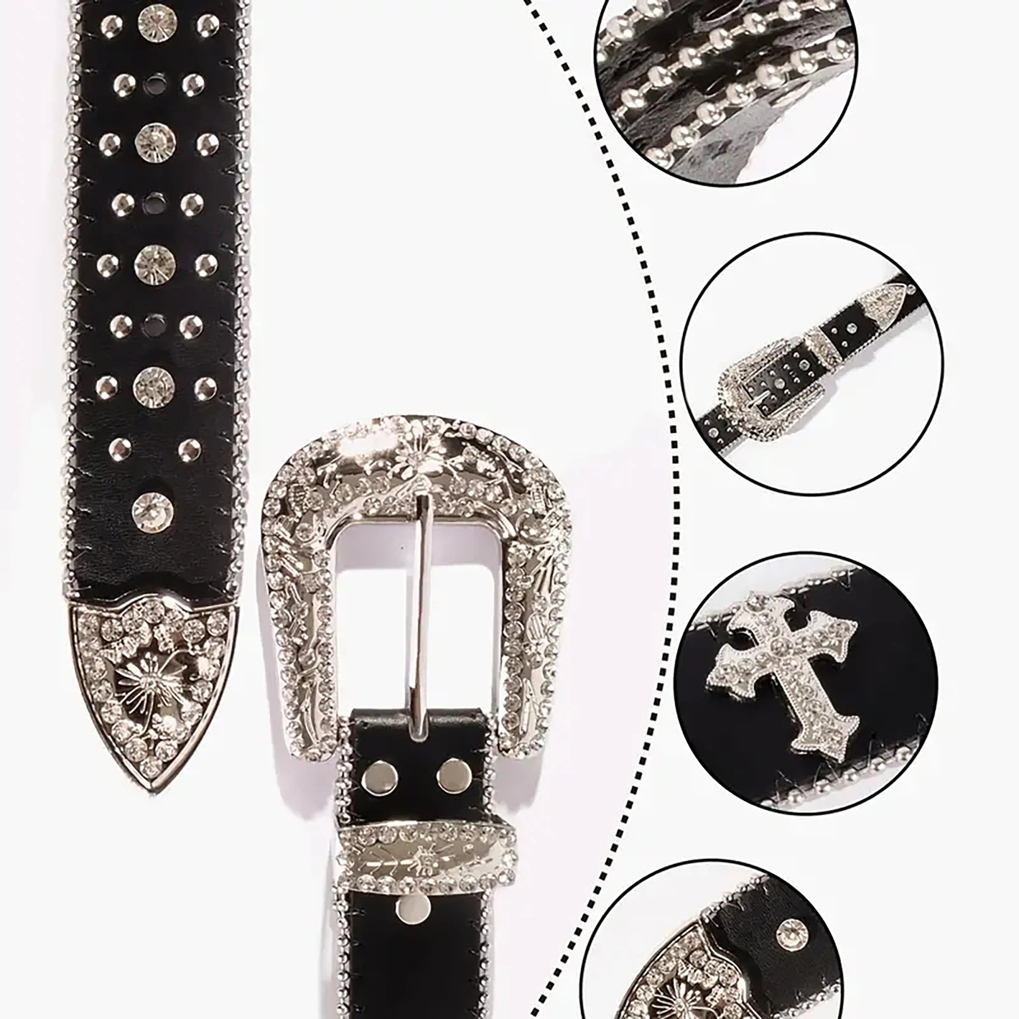 Black Cross Rivet Belt Engraved Buckle Rhinestone Decor PU Belt Hip Hop Jeans Pants Belt Punk Western Cowboy Cowgirl Belts