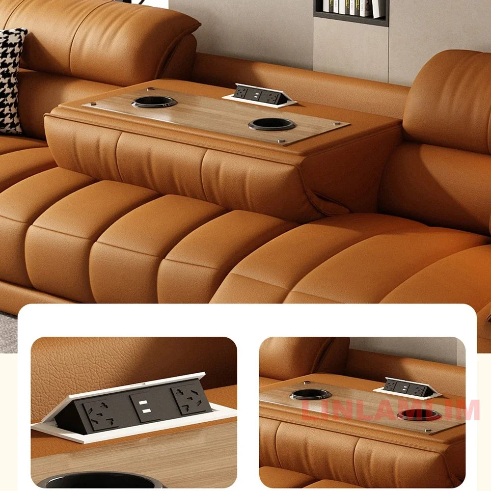 Italian Genuine Leather Electric Reclining Sofa With Adjustable Footrest USB And Foldable Center Console — Caramel Tan | KIMLUD