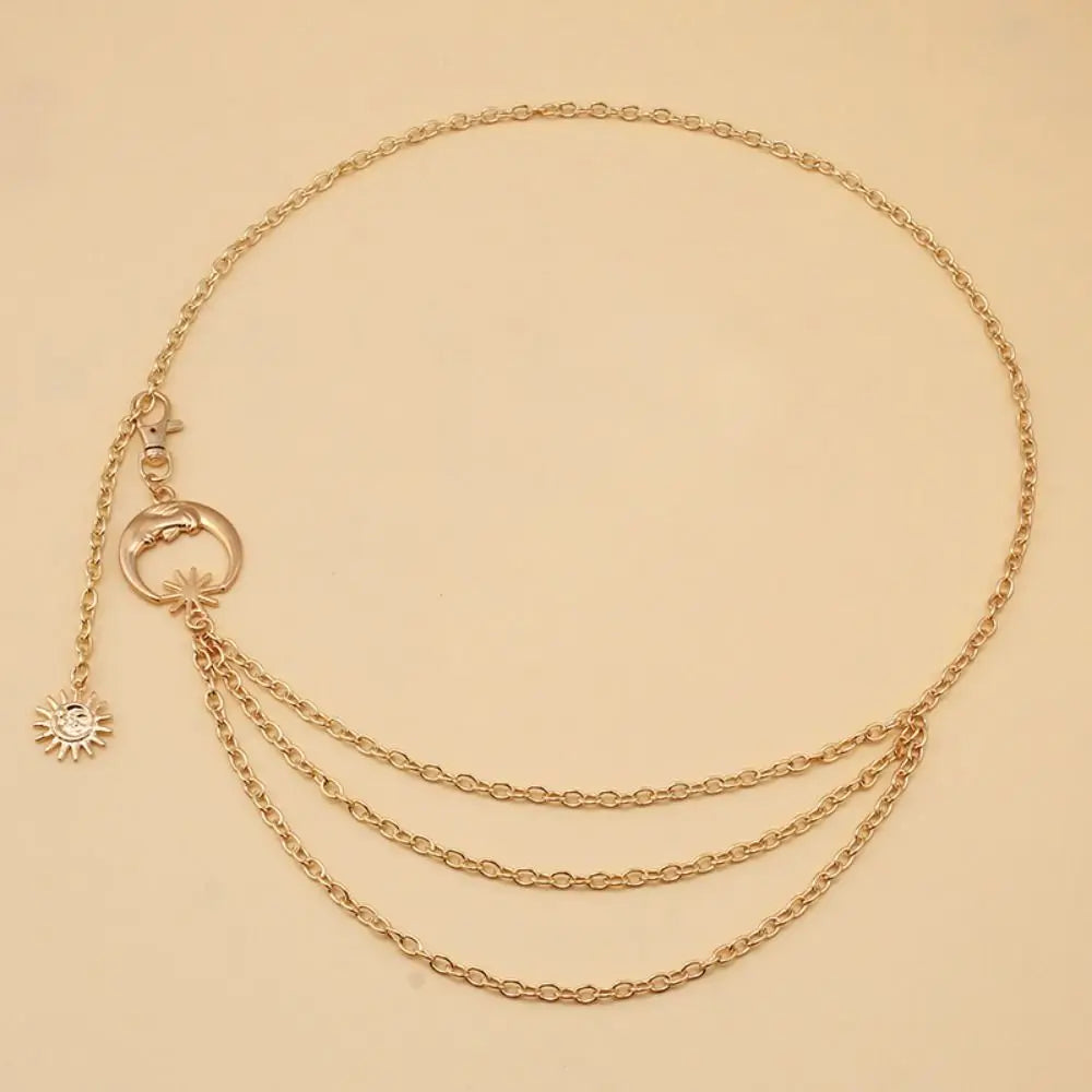 Punk Hip Hop Style Waist Chain Sun Moon Star — Silver | KIMLUD