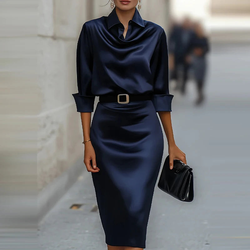 Long Sleeve Dress – Cinched Waist – Polyester | KIMLUD