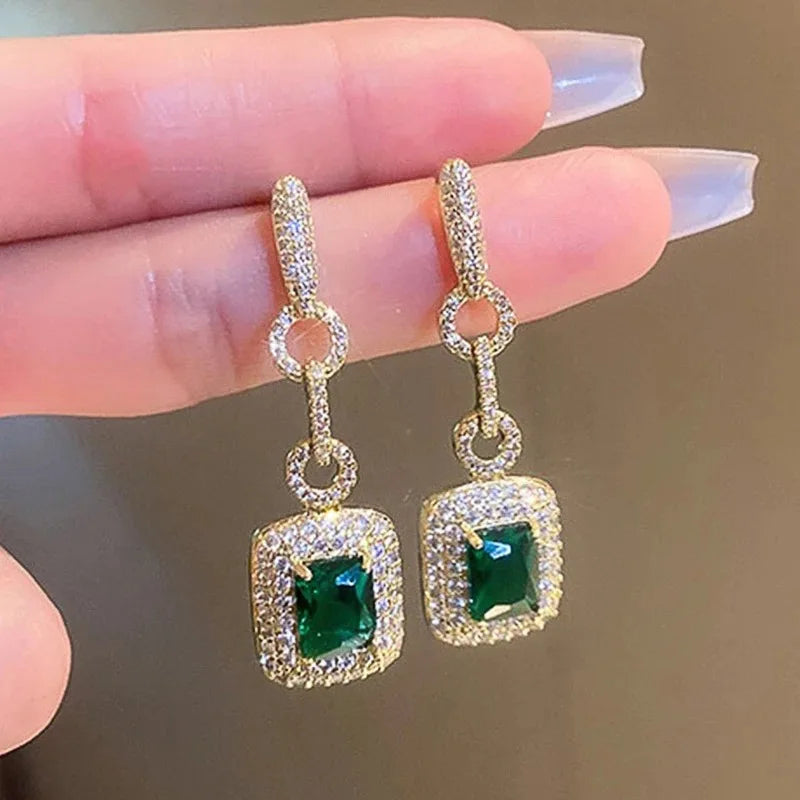 Cubic Zirconia Drop Earrings Water-Drop Inlaid — Emerald | KIMLUD