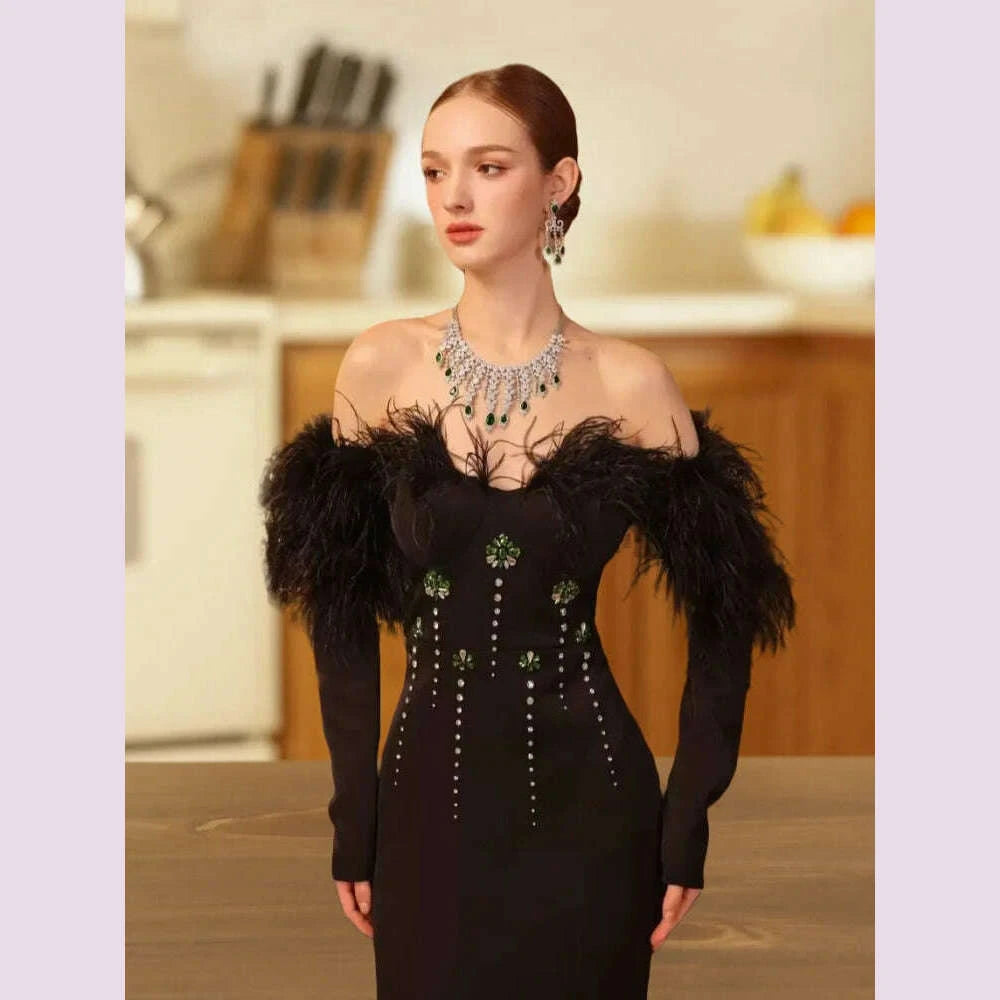 New Women Sexy Long Sleeve Feather Crystal Diamonds Black Knitted Long