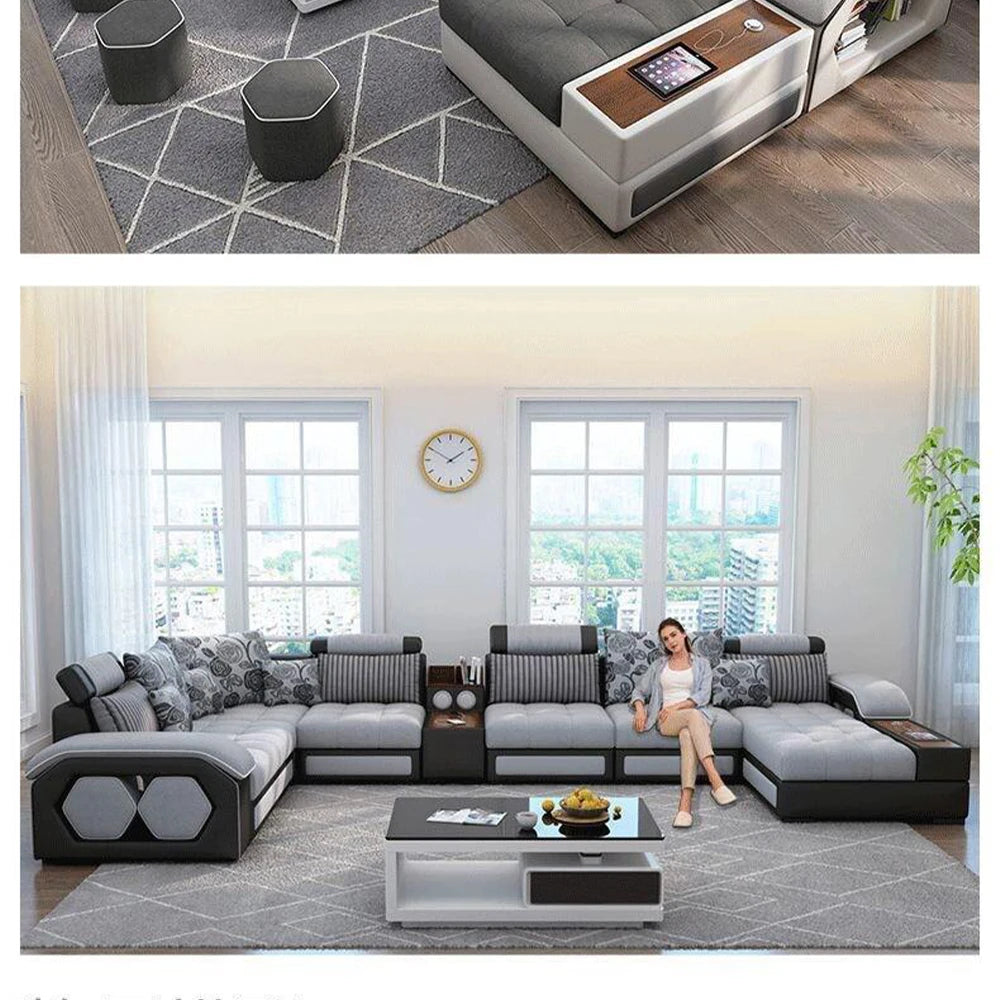 U-Shaped Sectional Fabric Sofa With Storage And Built-In Side Table — Gray | KIMLUD