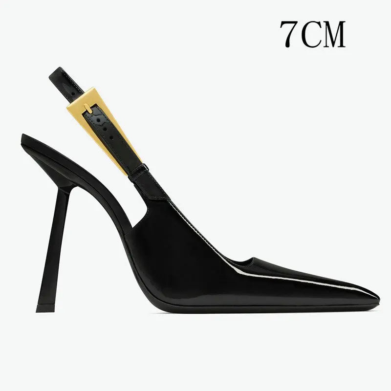 2024 New Summer French Pointed Patent Leather Fine Heel Overhead Sandals for Women Retro Skinny Heel Shoes