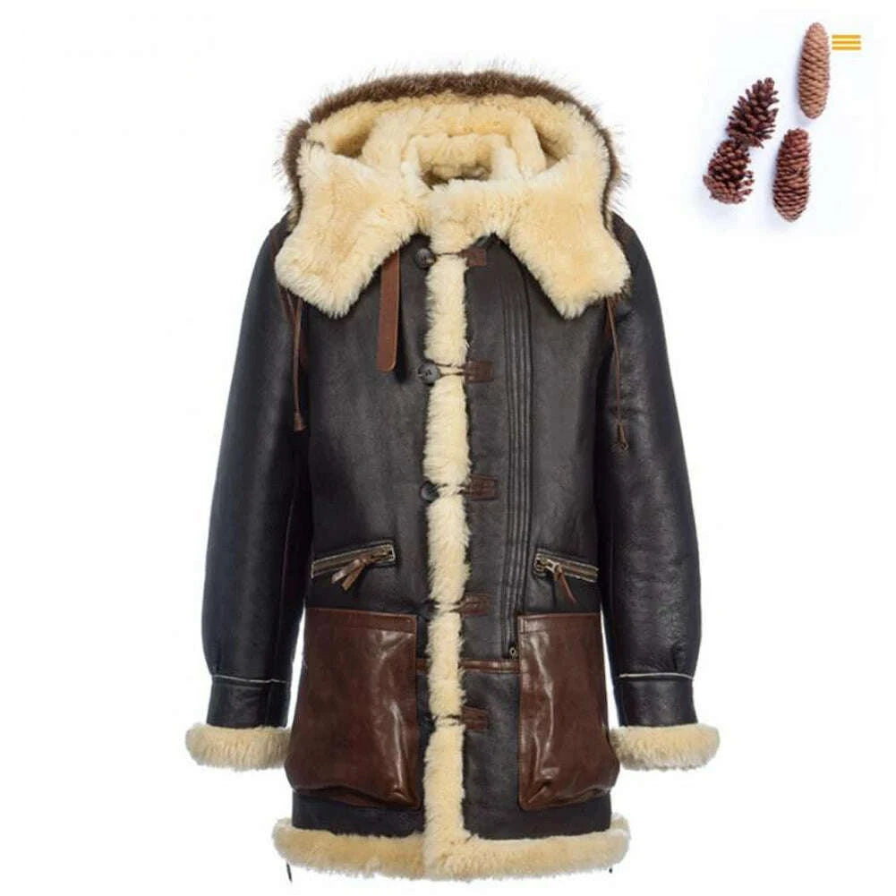 KIMLUD, Denny&Dora Men's Shearling Jacket Hood Thick Warm Winter Sheepskin Coat Dark Brown Leather Jacket, KIMLUD Womens Clothes