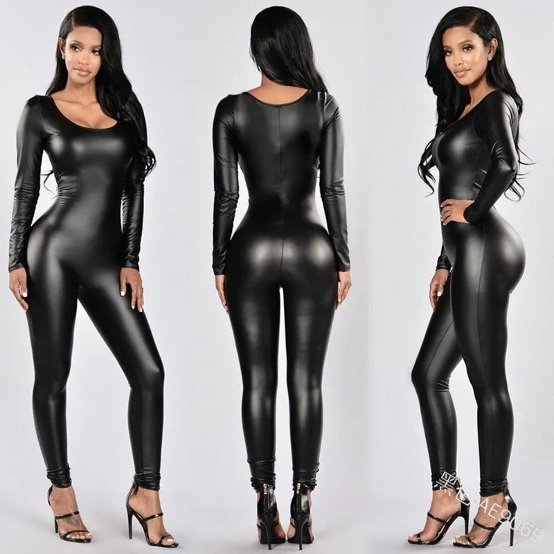 Bodysuit – PU Leather Long Sleeve – Black | KIMLUD
