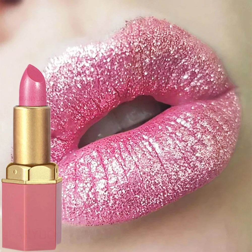 6 Colors Gold Bar Tube Lipstick Diamond Pearlescent Glitter Gold Pink Lips Stick Long-Lasting Non-Sticky High-Shine Makeup