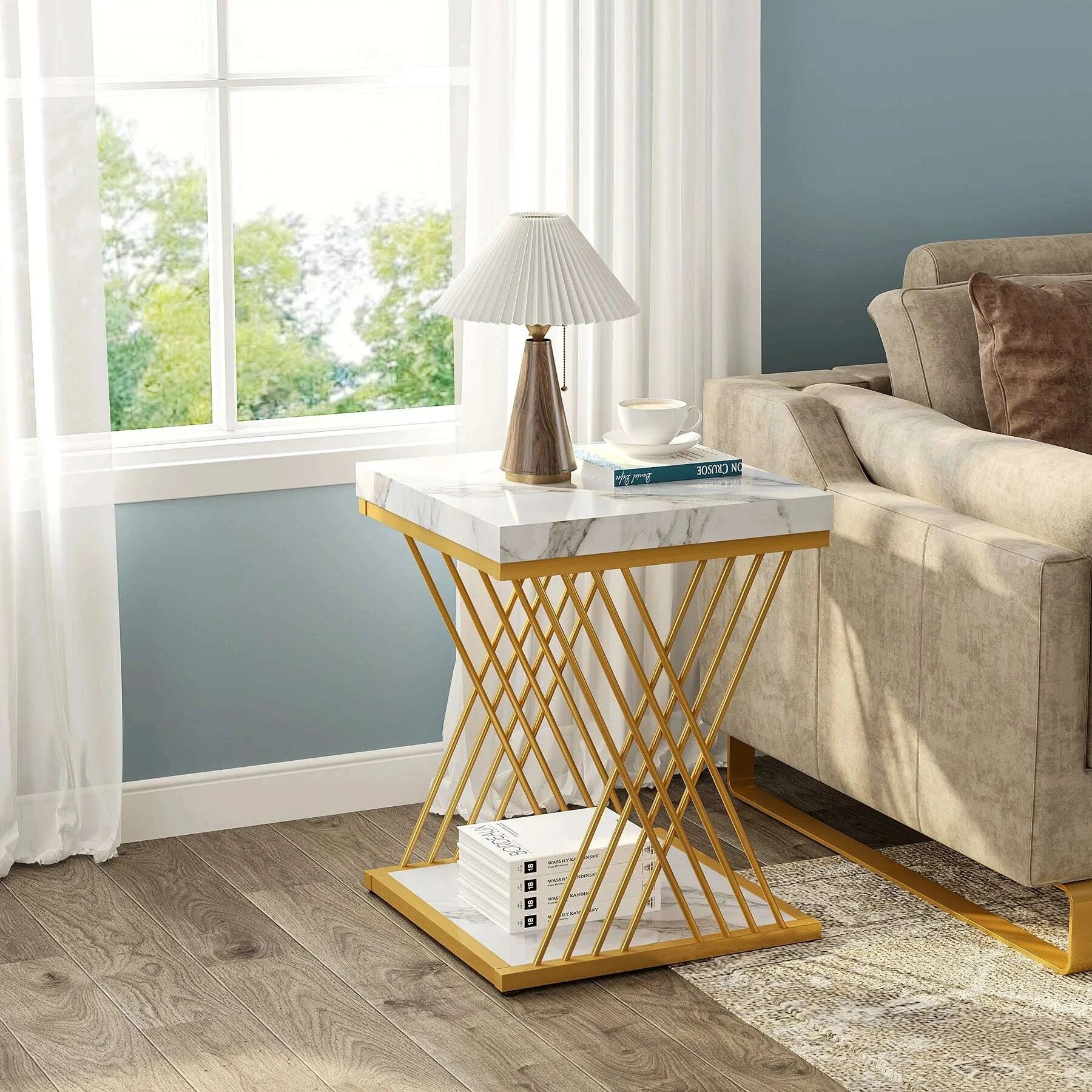 KIMLUD, Tribesigns Square Side Table White Gold Side Table Set of 2, 2-Tier End Table Modern Bedside Table Small Side Table, KIMLUD Womens Clothes
