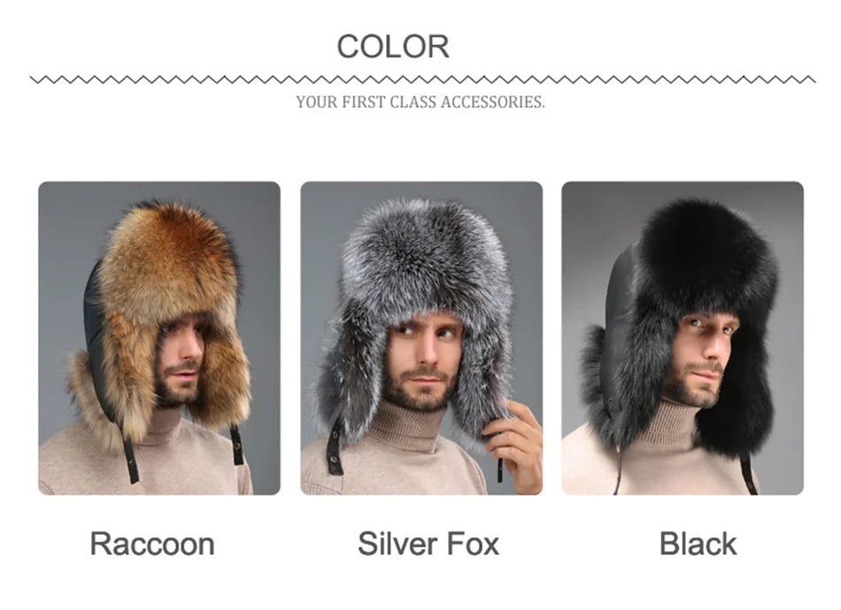 New Winter Men's 100% Real Silver Fox Fur Bomber Hat Raccoon Fur Ushanka Cap Trapper Russian Man Ski Hats Caps Real Leather Hat