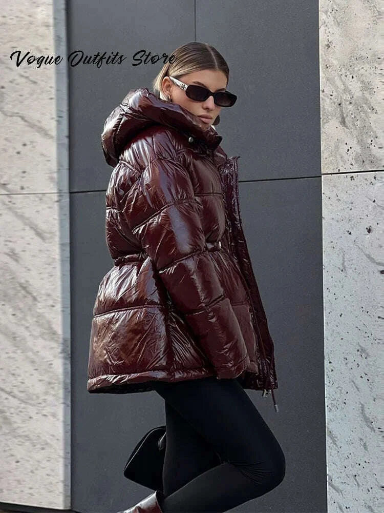 KIMLUD, Casual Shiny Hooded Cotton Jackets Women Stand Collar Zipper Drawstring Waist Solid Coat 2025 Winter Lady Chic Warm Outwears New, KIMLUD Womens Clothes